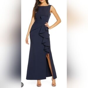 Size. 6 Eliza J Navy Ruffle-Side Maxi Dress